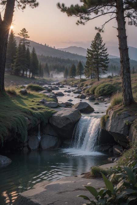 00006-305966446-deep in a red tinted pine forest at dusk, foggy, ground view, matte painting, rocky, waterfall in distance, stunning detail, 4k,.png